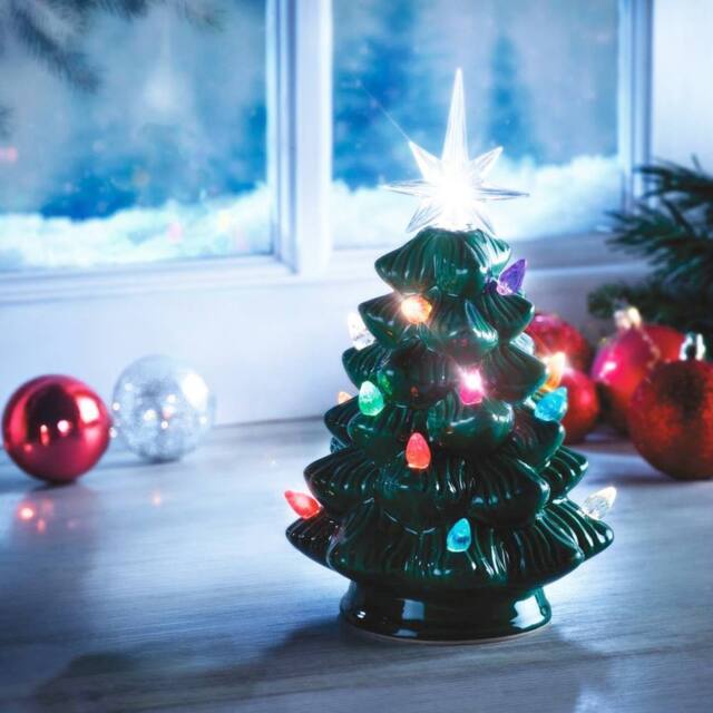 mysmartbuy Ceramic Light Up Christmas Tree Ornaments - Twinkling Festive Xmas Home Decoration - Large in Green
