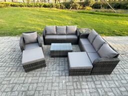 Fimous 9 Seater Rattan Lounge Sofa Set Outdoor Garden Furniture Set with Rectangular Coffee Table 3 Seater Sofa 2 Big Footstool Side Table - thumbnail 1
