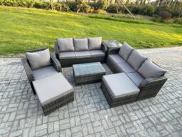 Fimous 9 Seater Rattan Lounge Sofa Set Outdoor Garden Furniture Set with Rectangular Coffee Table 3 Seater Sofa 2 Big Footstool Side Table - thumbnail 2