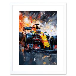 "Artery8 Wall Art Print Grand Prix Race Car in Action on Track Circuit Artwork Framed 9X7 Inch in White - Size: W7"" x H9""" - thumbnail 1