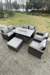 Fimous Rattan Outdoor Furniture Gas Fire Pit Rectangle Dining Table Gas Heater Chairs Sofa Set 7 Seater in Dark Grey - thumbnail 4