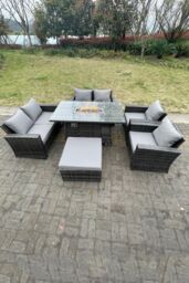 Fimous Rattan Outdoor Furniture Gas Fire Pit Rectangle Dining Table Gas Heater Chairs Sofa Set 7 Seater in Dark Grey - thumbnail 3