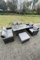 Fimous Rattan Outdoor Furniture Gas Fire Pit Rectangle Dining Table Gas Heater Chairs Sofa Set 7 Seater in Dark Grey - thumbnail 1