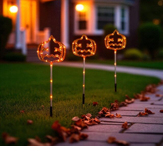 Garden Greatness Set Of 3 Light Up Pumpkin Stake Lights in Orange - Size: 3 Pack - image 1