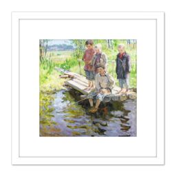 Artery8 Bogdanov-Belsky Little Boys Eager For Catch Painting 8X8 Inch Square Wooden Framed Wall Art Print Picture with Mount in White - thumbnail 1