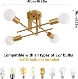 Goeco Ceiling Light Vintage, 4 Bulbs Sputnik Chandelier, for Bedroom Balcony in Gold - thumbnail 5