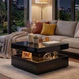 HOMCOM LED Coffee Table with Storage, Modern Centre Table, High Gloss Black - thumbnail 1
