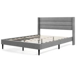 Costway Double Bed Frame Linen Upholstered Platform Bed w/Headboard in Grey - thumbnail 9