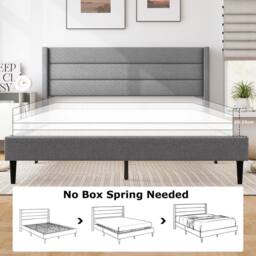 Costway Double Bed Frame Linen Upholstered Platform Bed w/Headboard in Grey - thumbnail 8