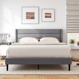 Costway Double Bed Frame Linen Upholstered Platform Bed w/Headboard in Grey - thumbnail 3