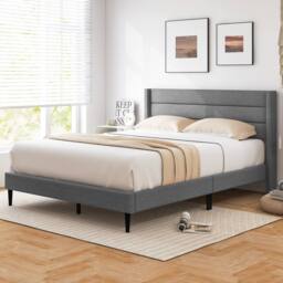 Costway Double Bed Frame Linen Upholstered Platform Bed w/Headboard in Grey - thumbnail 2