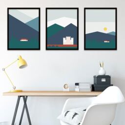 "Wee Blue Coo Wall Art Print Geometric Highlands Eilean Donan Bonnie Scotland Castles Black Framed Poster Pack of 3 - Size: W12"" x H16""" - thumbnail 3