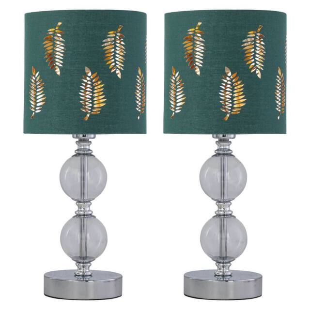 First Choice Lighting Set of 2 Chrome Two Ball Table Lamps with Dark Green Fern Shades in Silver - image 1