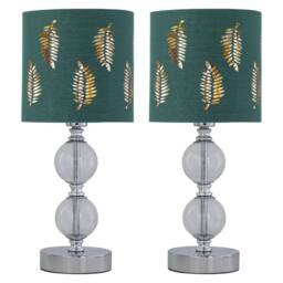 First Choice Lighting Set of 2 Chrome Two Ball Table Lamps with Dark Green Fern Shades in Silver - thumbnail 1
