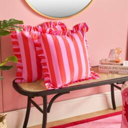 OHS 2 Pack Stripe Frill Cushion Cover in Bright Pink - Size: 45 cm x 45 cm