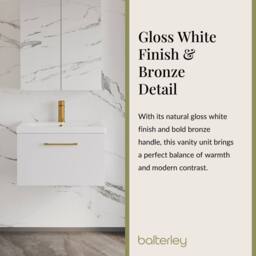 Balterley 600mm Wall Hung 1 Drawer Vanity Basin Unit, Gloss White, Bronze Handle in White - thumbnail 3
