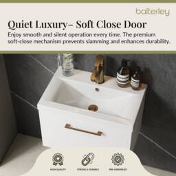 Balterley 600mm Wall Hung 1 Drawer Vanity Basin Unit, Gloss White, Bronze Handle in White - thumbnail 4