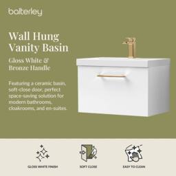 Balterley 600mm Wall Hung 1 Drawer Vanity Basin Unit, Gloss White, Bronze Handle in White - thumbnail 2