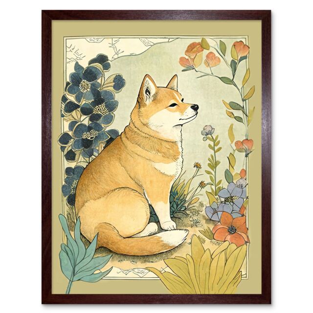 "Artery8 Wall Art Print Shiba Inu Dog in Flower Field Modern Pastel Watercolour Art Framed in Brown - Size: W12"" x H16""" - image 1