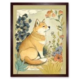 "Artery8 Wall Art Print Shiba Inu Dog in Flower Field Modern Pastel Watercolour Art Framed in Brown - Size: W12"" x H16""" - thumbnail 1