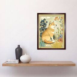 "Artery8 Wall Art Print Shiba Inu Dog in Flower Field Modern Pastel Watercolour Art Framed in Brown - Size: W12"" x H16""" - thumbnail 2