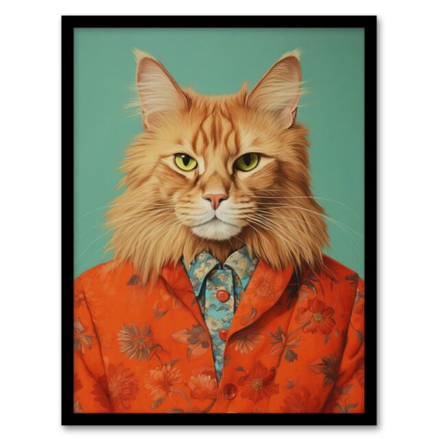 "Wee Blue Coo Wall Art Print Maine Coon Ginger Pet Cat Portrait Fun Living Room Framed in Orange - Size: W12"" x H16""" - image 1