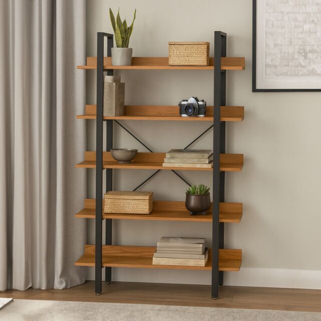 Orsina 5 Tier Light Yellow Shelves & Black Frame Shelf Unit, Bookcase Shelving, Display Unit With Wooden Shelves in Red - image 1
