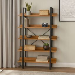 Orsina 5 Tier Light Yellow Shelves & Black Frame Shelf Unit, Bookcase Shelving, Display Unit With Wooden Shelves in Red - thumbnail 1
