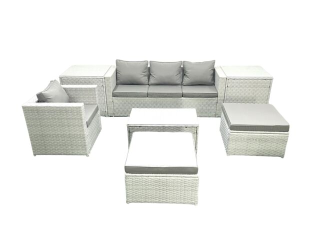 Fimous 7 Pieces Rattan Garden Furniture Set Outdoor Garden Sofa Chair Coffee Table Set with 2 Side Tables 2 Big Footstools Light Grey Mixed - image 1