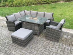 Fimous 8 Seater Outdoor Rattan Gas Fire Pit Sofa Dining Set Garden Furniture Heater Dining Table Chair Left Side in Dark Grey - thumbnail 3