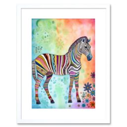 "Artery8 Wall Art Print Rainbow Floral Zebra Folk Artwork Framed 9X7 Inch in White - Size: W7"" x H9""" - thumbnail 1