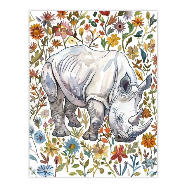 "Artery8 Rhinoceros Rhino in Wildflower Meadow Watercolour Wall Art Print - Size: W18"" x H24""" - image 1