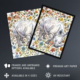 "Artery8 Rhinoceros Rhino in Wildflower Meadow Watercolour Wall Art Print - Size: W18"" x H24""" - thumbnail 2