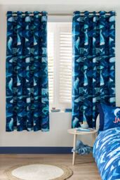Catherine Lansfield 'Jawsome Shark' Fully Reversible Eyelet Curtains in Navy - Size: 168 cm width x 183 cm drop - thumbnail 1