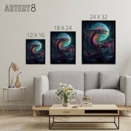 "Artery8 Full Moon Dragon Fantasy Framed Canvas Wall Art Print in Blue - Size: W18"" x H24""" - thumbnail 4