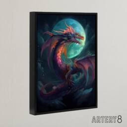 "Artery8 Full Moon Dragon Fantasy Framed Canvas Wall Art Print in Blue - Size: W18"" x H24""" - thumbnail 2