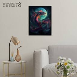 "Artery8 Full Moon Dragon Fantasy Framed Canvas Wall Art Print in Blue - Size: W18"" x H24""" - thumbnail 3