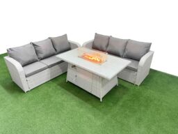 Fimous Outdoor Garden Furniture Sets 6 Seater Wicker Rattan Furniture Sofa Sets with Firepit Dining Table high Back Lounge Sofa Light Grey - thumbnail 1