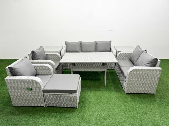 Fimous PE Rattan Garden Furniture Set Reclining Chair Sofa Double Love Seat 2 Seater Sofa Lounge Set Rectangular Dining Table Big Footstool 2 Side - image 1