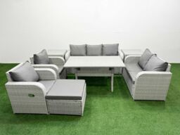 Fimous PE Rattan Garden Furniture Set Reclining Chair Sofa Double Love Seat 2 Seater Sofa Lounge Set Rectangular Dining Table Big Footstool 2 Side - thumbnail 1