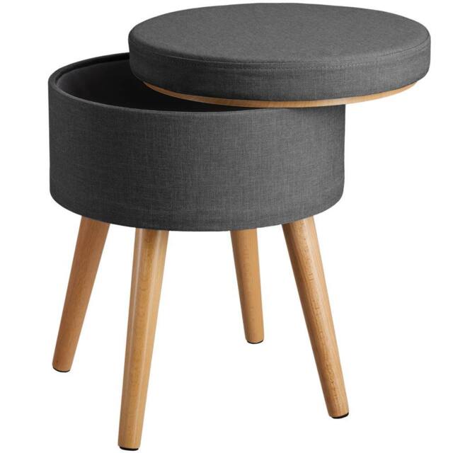 tectake Stool Yara - Round, Padded, With Storage Space, Linen Look in Dark Grey - image 1