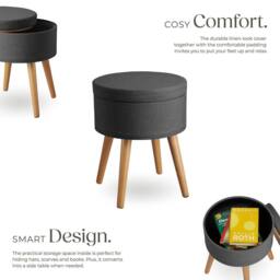 tectake Stool Yara - Round, Padded, With Storage Space, Linen Look in Dark Grey - thumbnail 3