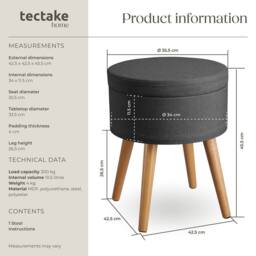 tectake Stool Yara - Round, Padded, With Storage Space, Linen Look in Dark Grey - thumbnail 6