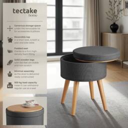 tectake Stool Yara - Round, Padded, With Storage Space, Linen Look in Dark Grey - thumbnail 2