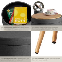 tectake Stool Yara - Round, Padded, With Storage Space, Linen Look in Dark Grey - thumbnail 5