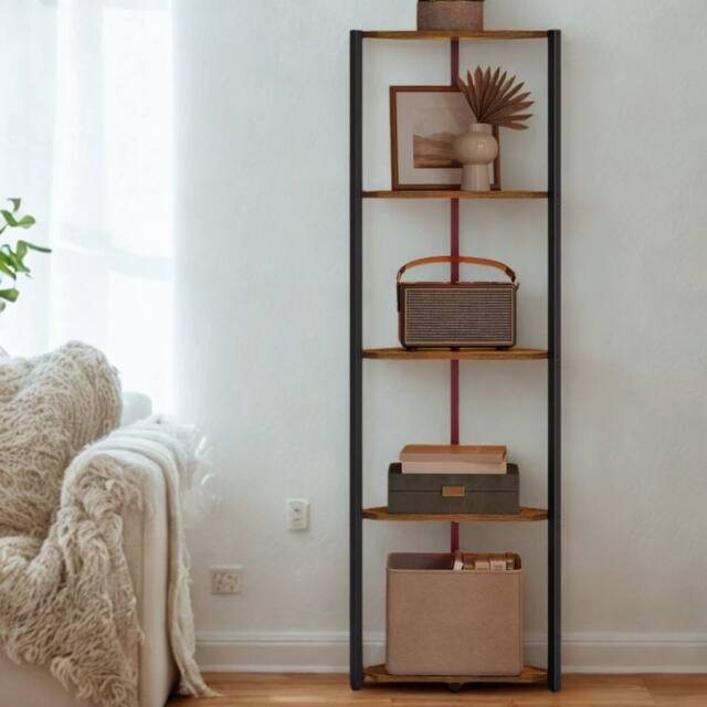 Pirlo Plush Industrial Free-Standing 5 Tier Corner Shelf with LEDs Rustic Brown - image 1