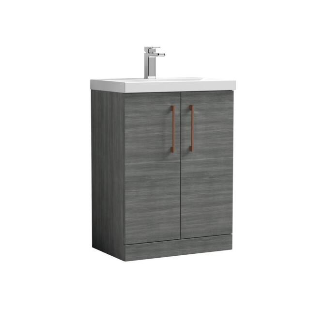 Balterley Bathroom Floor 2-Door Vanity Unit Basin, Anthracite Woodgrain, 600mm in Grey