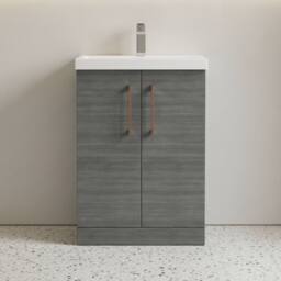 Balterley Bathroom Floor 2-Door Vanity Unit Basin, Anthracite Woodgrain, 600mm in Grey - thumbnail 3