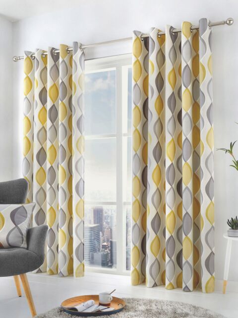 Fusion 'Lennox' Modern Geo Print Eyelet Curtains in Yellow - Size: 168 cm width x 229 cm drop - image 1