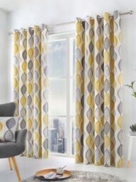 Fusion 'Lennox' Modern Geo Print Eyelet Curtains in Yellow - Size: 168 cm width x 229 cm drop - thumbnail 1